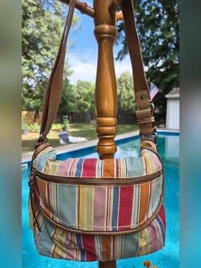 Fossil Multicolor Striped Canvas Crossbody Bag with Brown Trim